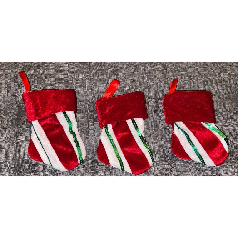 SET OF 3 RED WHITE & GREEN STRIPED 6.5” CHRISTMAS STOCKING ORNAMENT UNBRANDED